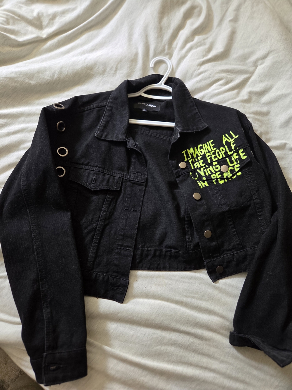 Fashion Nova Black Cropped Denim Jacket with Neon Green Graphic